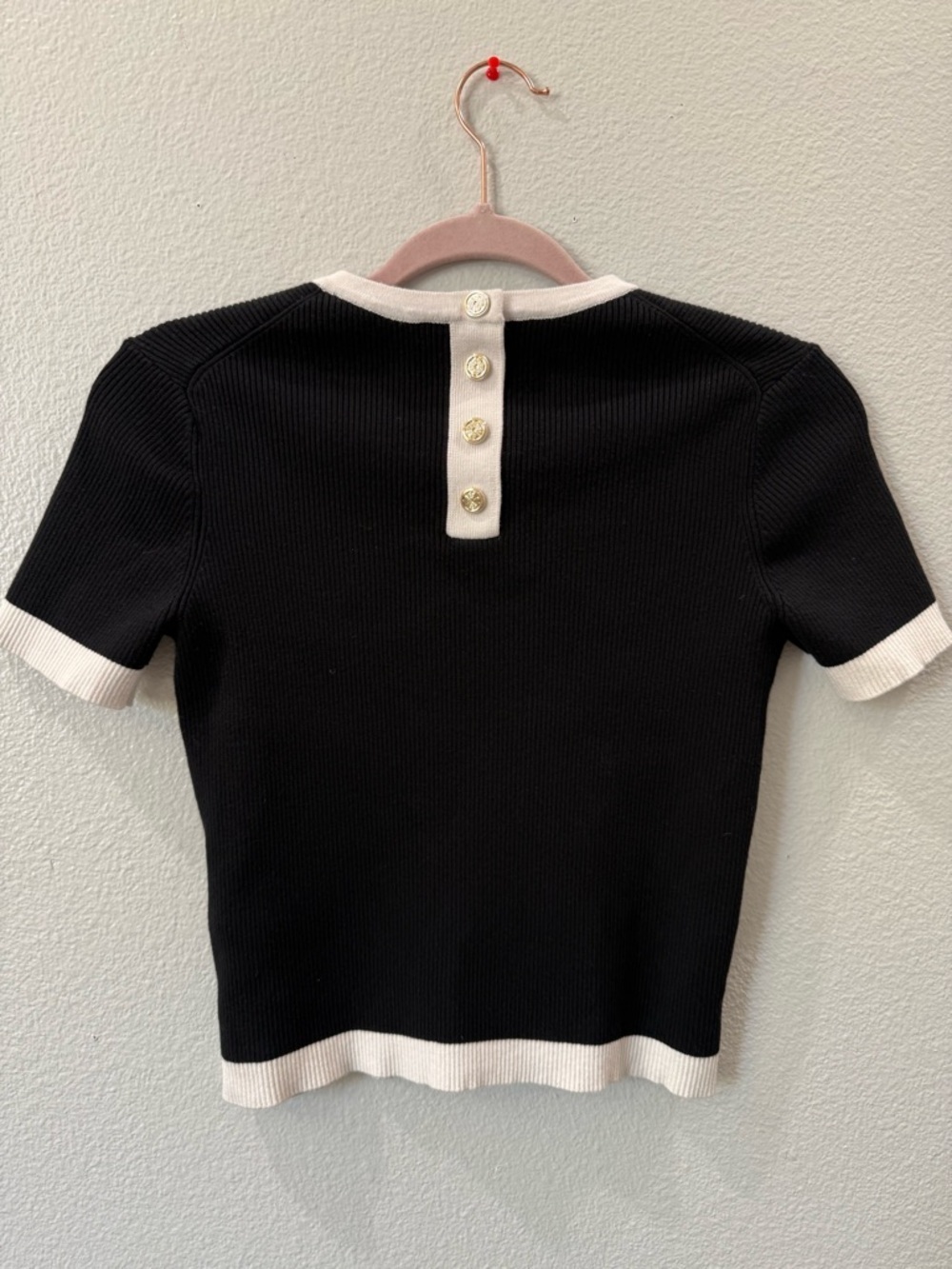 Maje Ribbed Knit Contrast Trim Crop Top Black Ivory Size 0 Short Sleeve - Picture 4 of 8